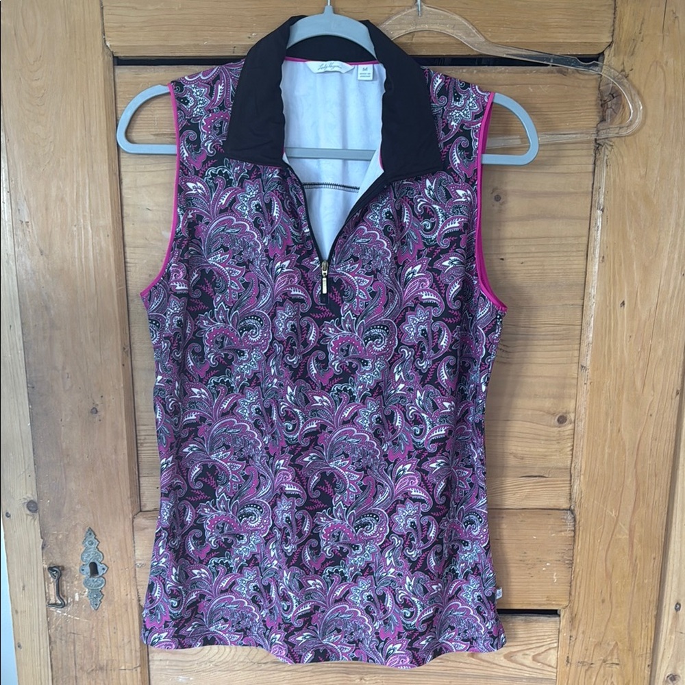 Lady Hagen sleeveless collared Golf Paisley top Pink, purple and Black medium